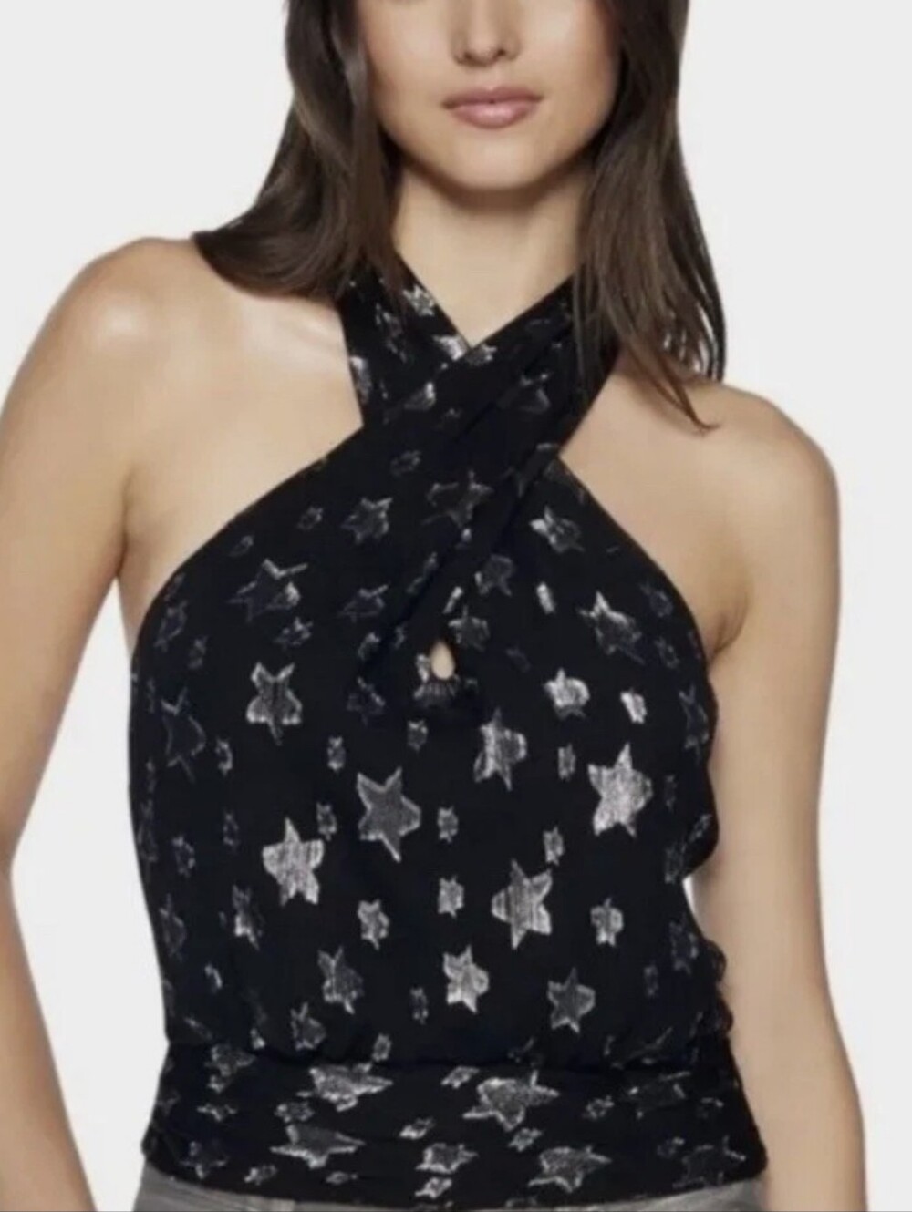 NWT Ramy Brook Louise Metallic Star Silk Blend Halter Top Black Womens Sz M $295
